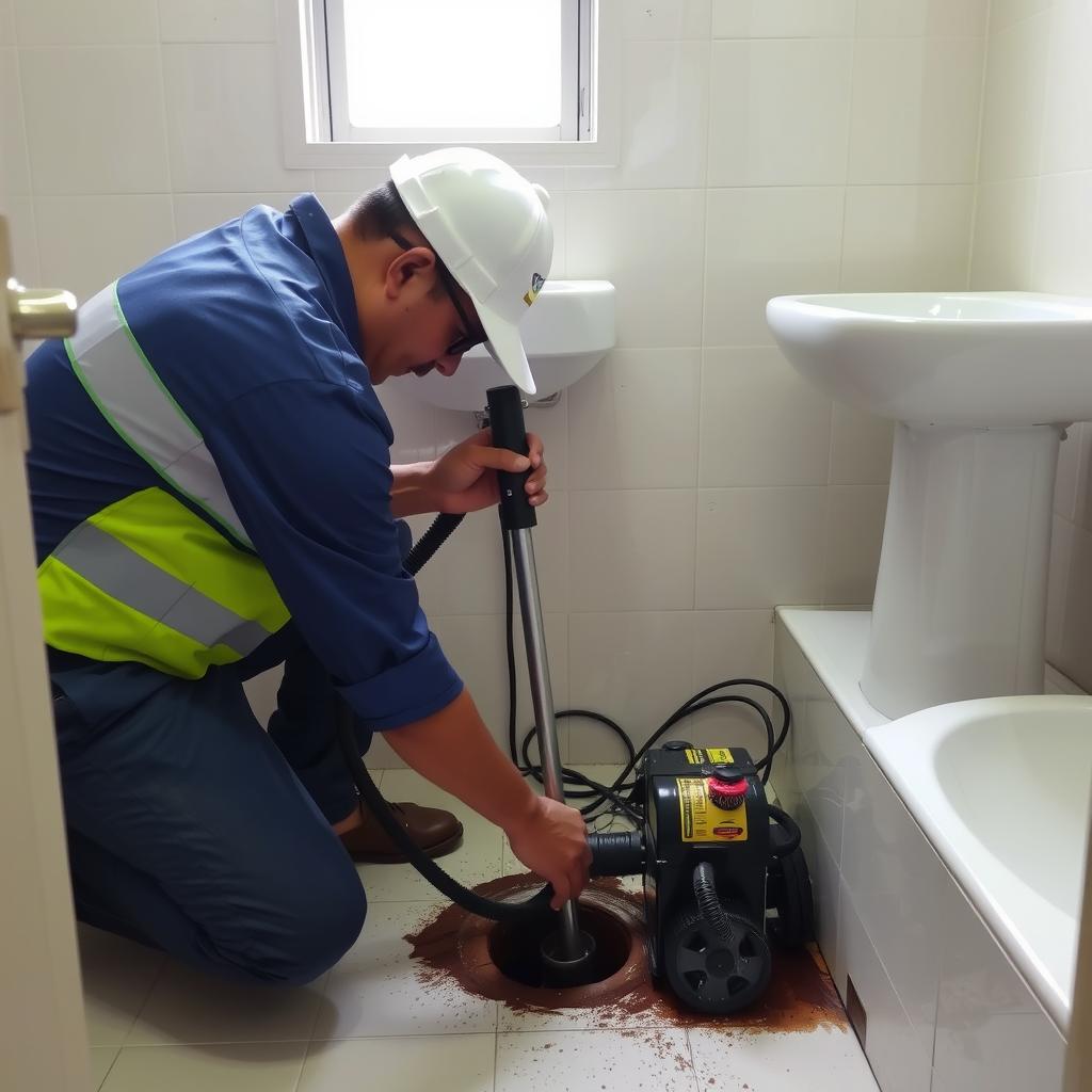 Teknisi sedang melancarkan pipa kamar mandi mampet di Medan Teknisi sedang melancarkan pipa kamar mandi mampet di Medan